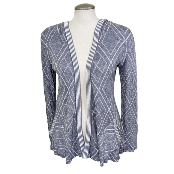 Belldini Open Front Hooded Cardigan Sweater Womens Size M Gray White Geo Print - Picture 1 of 8